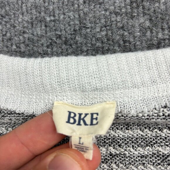 BKE Sweater Women's Large Gray White Stripe Colorblock 3/4 Sleeve Knit Pullover - Picture 2 of 9